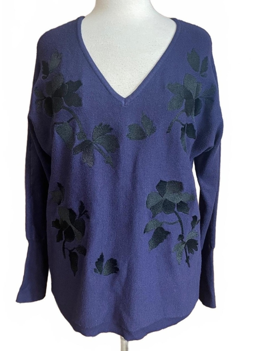 Chico’s purple sweater with black floral embroidery medium